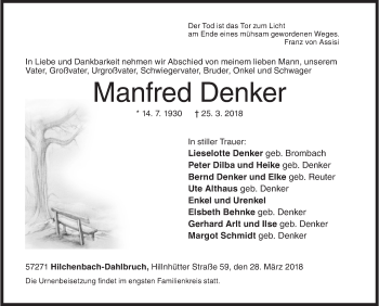 Traueranzeige von Manfred Denker von Siegener Zeitung