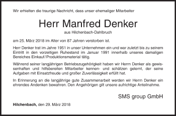 Traueranzeige von Manfred Denker von Siegener Zeitung