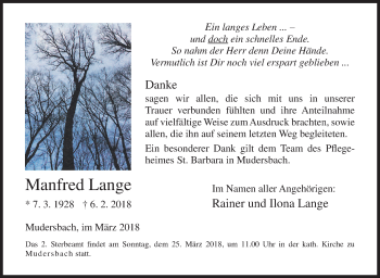Traueranzeige von Manfred Lange von Siegener Zeitung