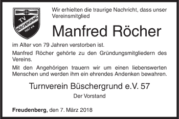 Traueranzeige von Manfred Röcher von Siegener Zeitung