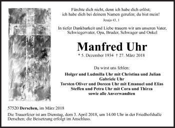 Traueranzeige von Manfred Uhr von Siegener Zeitung