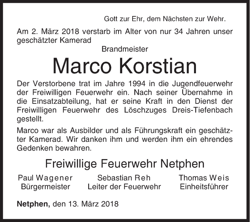  Traueranzeige für Marco Korstian vom 13.03.2018 aus Siegener Zeitung