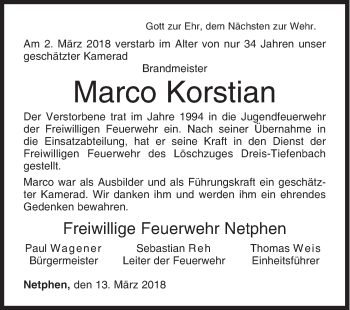 Traueranzeige von Marco Korstian von Siegener Zeitung