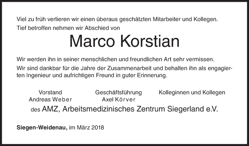  Traueranzeige für Marco Korstian vom 13.03.2018 aus Siegener Zeitung