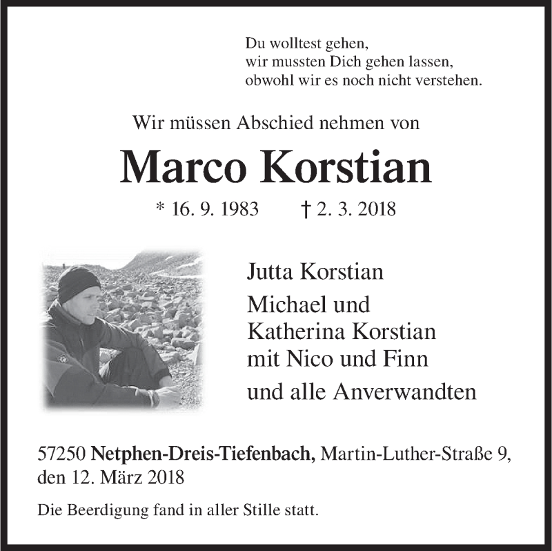  Traueranzeige für Marco Korstian vom 12.03.2018 aus Siegener Zeitung