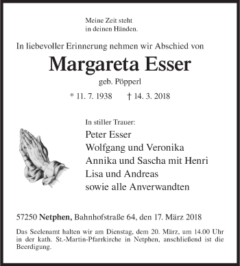 Traueranzeige von Margareta Esser von Siegener Zeitung