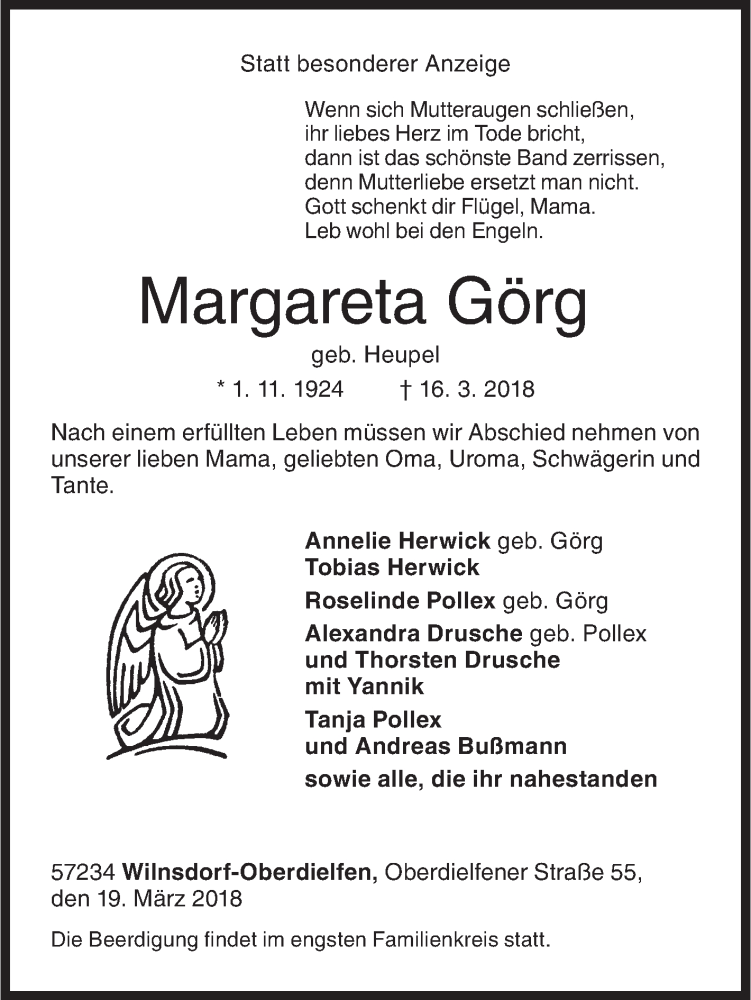  Traueranzeige für Margareta Görg vom 19.03.2018 aus Siegener Zeitung