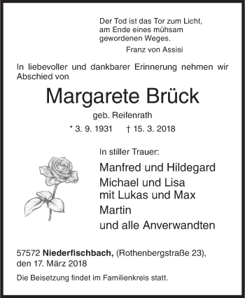 Traueranzeige von Margarete Brück von Siegener Zeitung