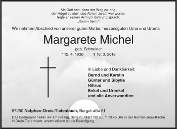 Traueranzeige von Margarete Michel von Siegener Zeitung