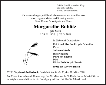 Traueranzeige von Margarethe Bublitz von Siegener Zeitung