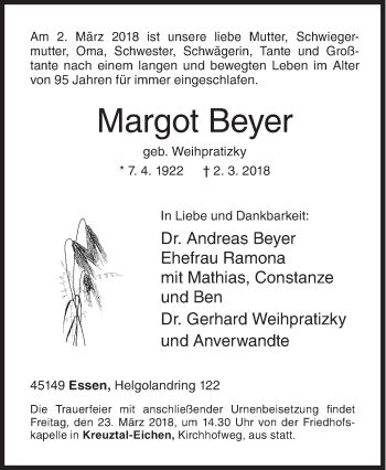 Traueranzeige von Margot Beyer von Siegener Zeitung