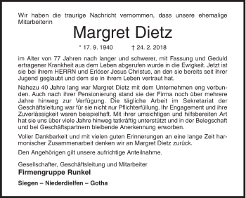 Traueranzeige von Margret Dietz von Siegener Zeitung