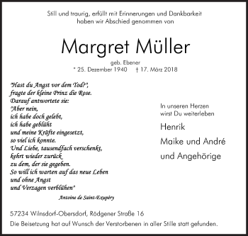 Traueranzeige von Margret Müller von Siegener Zeitung