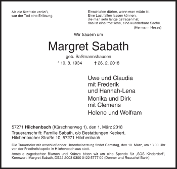 Traueranzeige von Margret Sabath von Siegener Zeitung