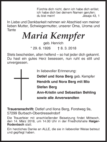 Traueranzeige von Maria Kempfer von Siegener Zeitung