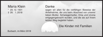 Traueranzeige von Maria Klein von Siegener Zeitung