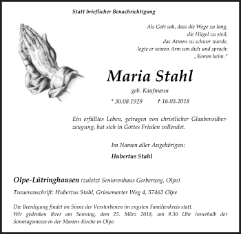 Traueranzeige von Maria Stahl von Siegener Zeitung