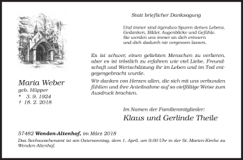 Traueranzeige von Maria Weber von Siegener Zeitung