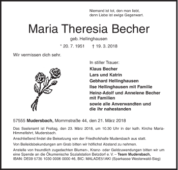 Traueranzeige von Maria Theresia Becher von Siegener Zeitung