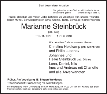 Traueranzeige von Marianne Steinbrück von Siegener Zeitung