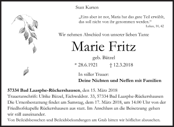 Traueranzeige von Marie Fritz von Siegener Zeitung