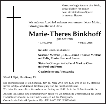 Traueranzeige von Marie-Theres Binkhoff von Siegener Zeitung