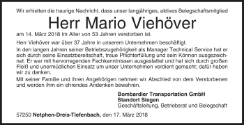 Traueranzeige von Mario Viehöver von Siegener Zeitung