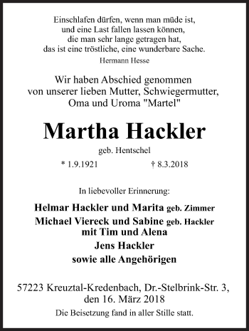 Traueranzeige von Martha Hackler von Siegener Zeitung