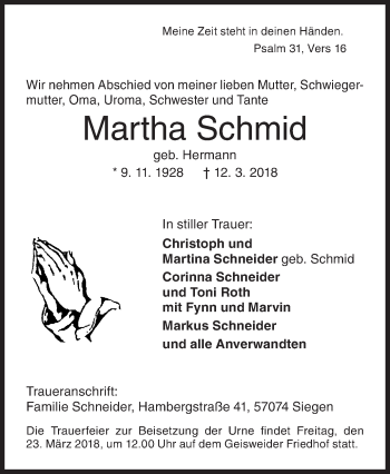 Traueranzeige von Martha Schmid von Siegener Zeitung