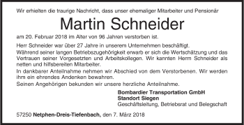 Traueranzeige von Martin Schneider von Siegener Zeitung