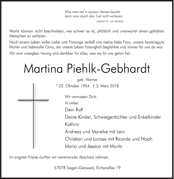 Traueranzeige von Martina Piehlk-Gebhardt von Siegener Zeitung