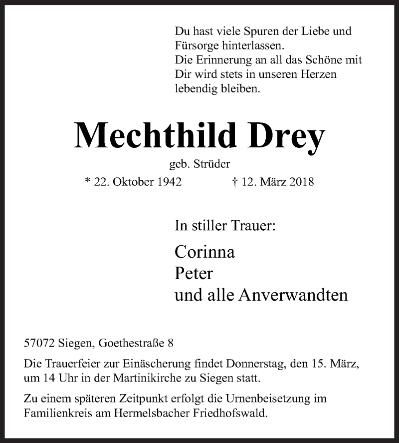  Traueranzeige für Mechthild Drey vom 14.03.2018 aus Siegener Zeitung