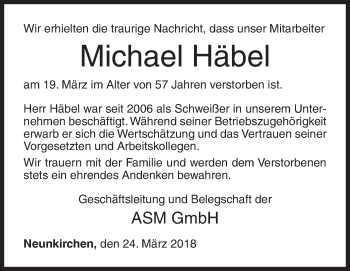 Traueranzeige von Michael Häbel von Siegener Zeitung
