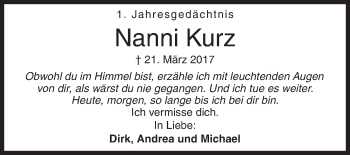 Traueranzeige von Nanni Kurz von Siegener Zeitung