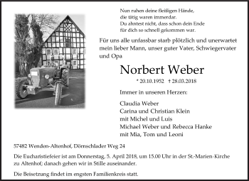 Traueranzeige von Norbert Weber von Siegener Zeitung