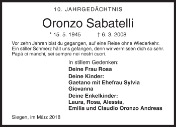 Traueranzeige von Oronzo Sabatelli von Siegener Zeitung