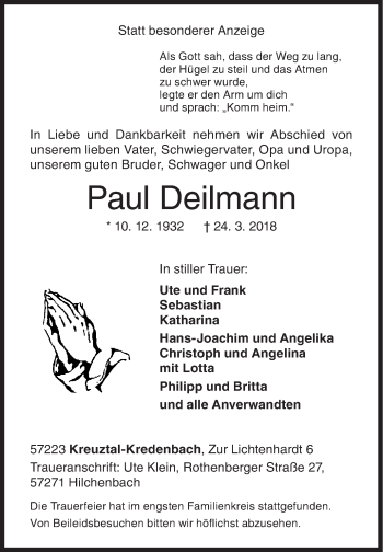 Traueranzeige von Paul Deilmann von Siegener Zeitung