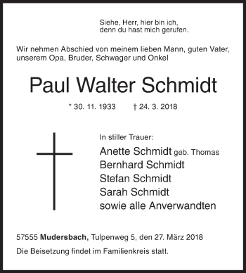 Traueranzeige von Paul Walter Schmidt von Siegener Zeitung