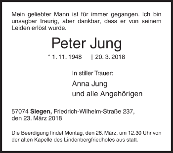 Traueranzeige von Peter Jung von Siegener Zeitung
