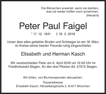 Traueranzeige von Peter Paul Faigel von Siegener Zeitung