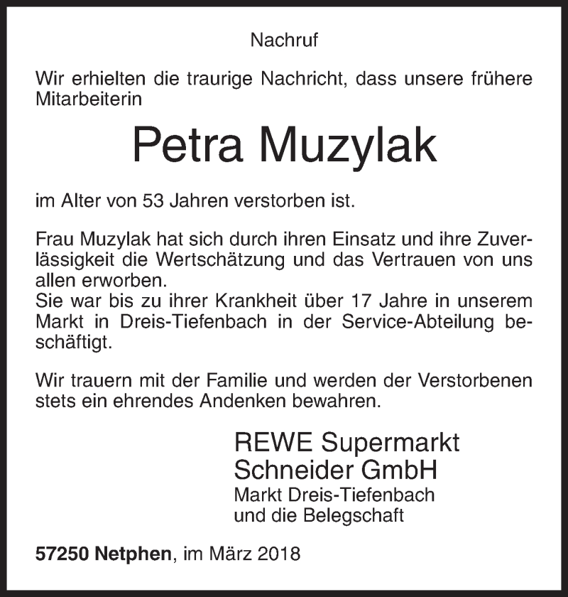  Traueranzeige für Petra Muzylak vom 20.03.2018 aus Siegener Zeitung