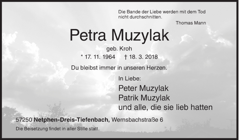  Traueranzeige für Petra Muzylak vom 19.03.2018 aus Siegener Zeitung