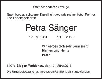 Traueranzeige von Petra Sänger von Siegener Zeitung