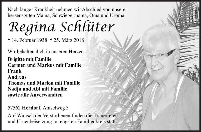  Traueranzeige für Regina Schlüter vom 31.03.2018 aus Siegener Zeitung