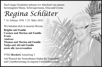 Traueranzeige von Regina Schlüter von Siegener Zeitung