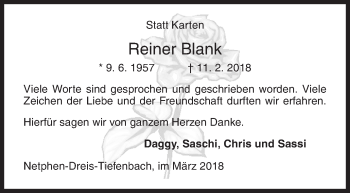 Traueranzeige von Reiner Blank von Siegener Zeitung