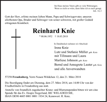 Traueranzeige von Reinhard Knie von Siegener Zeitung
