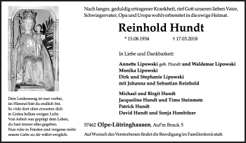Traueranzeige von Reinhold Hundt von Siegener Zeitung