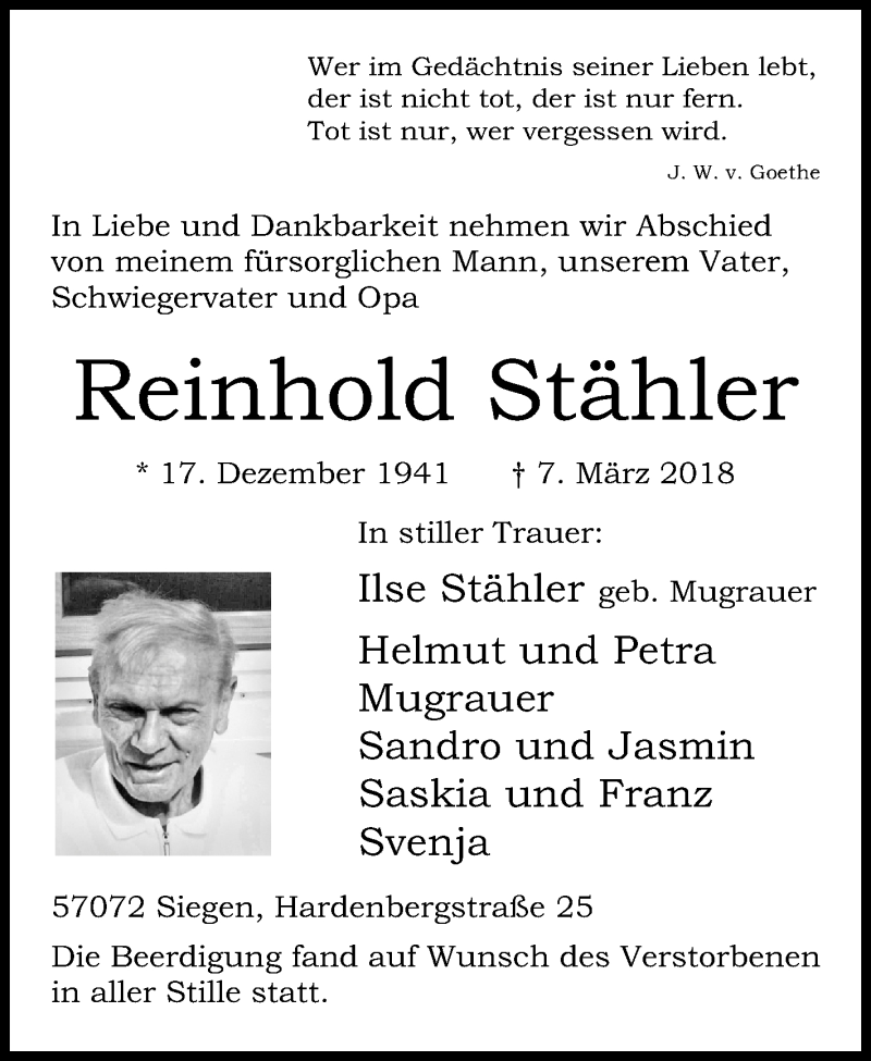  Traueranzeige für Reinhold Stähler vom 17.03.2018 aus Siegener Zeitung