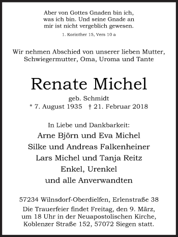 Traueranzeige von Renate Michel von Siegener Zeitung